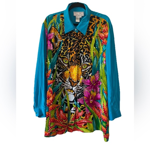 Diane Gilman Women's VTG silk Blue tiger Blouse Size 3X - Picture 1 of 14